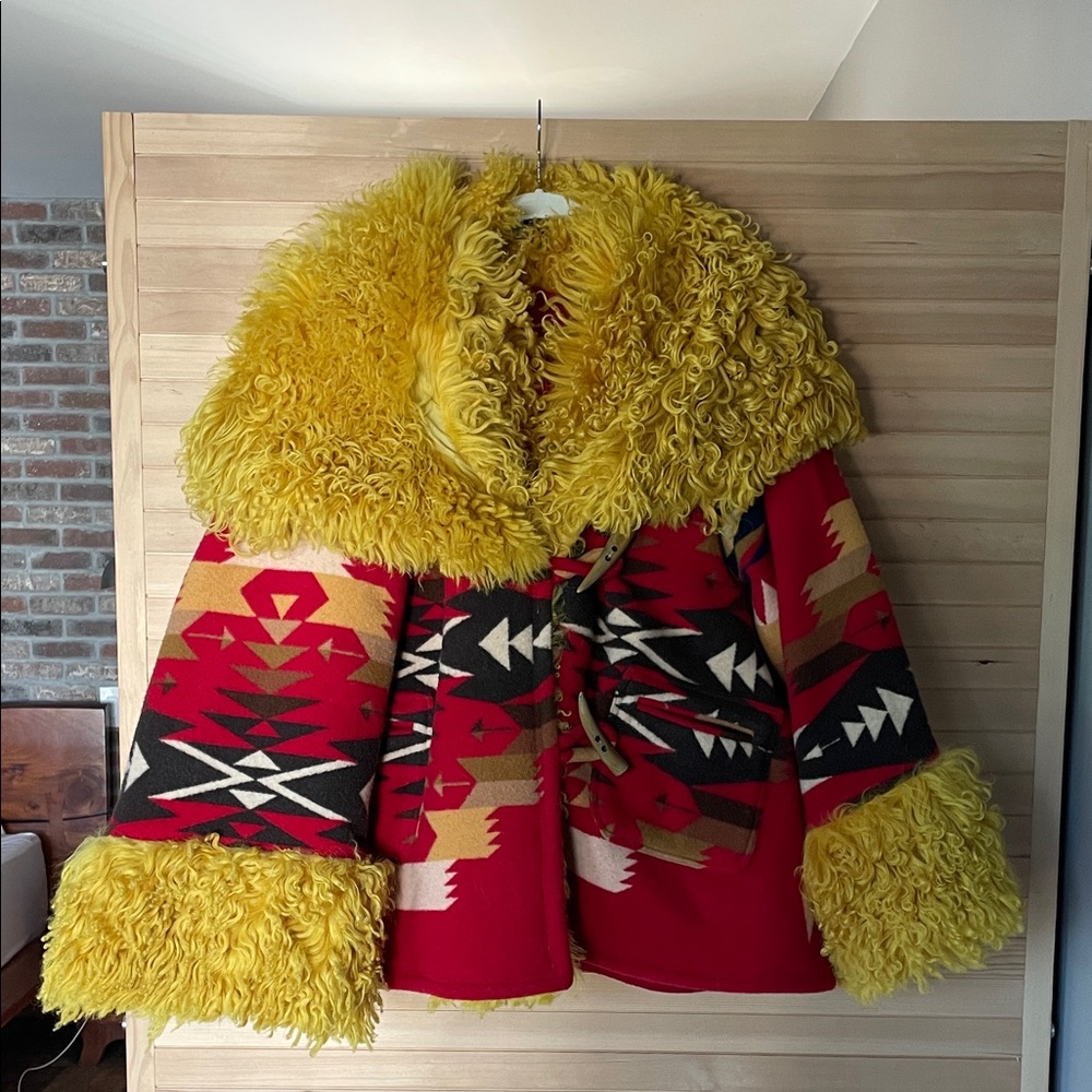 Red and Brown Geometric Patterned Coat/ cloak